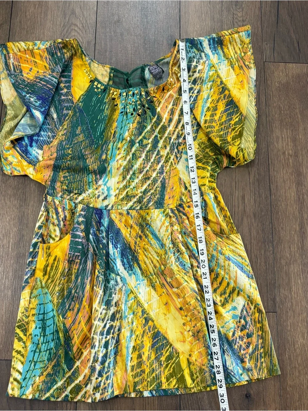 Free People Vibrant Abstract Print Mini Dress, Embellished Neck, Pockets, Size 4